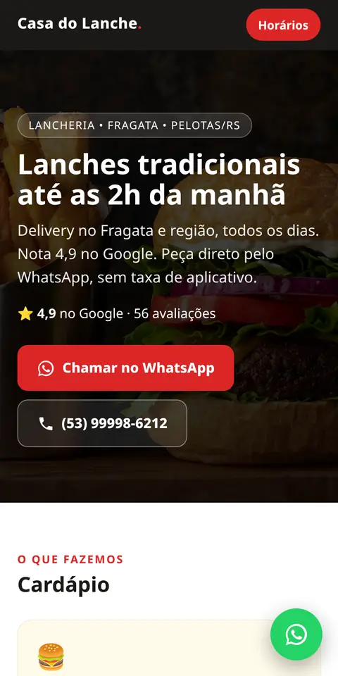 Site Casa do Lanche no celular